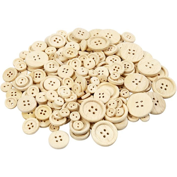 Wooden Buttons, dia. 8+11+15+18+23 mm, 440 pc/ 1 pack