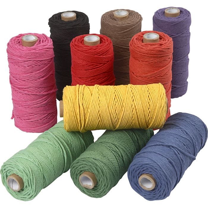 Macramé cord, L: 100 M, thickness 2 mm, Thick quality 12/36, bold colours, 10x225 g/ 1 pack