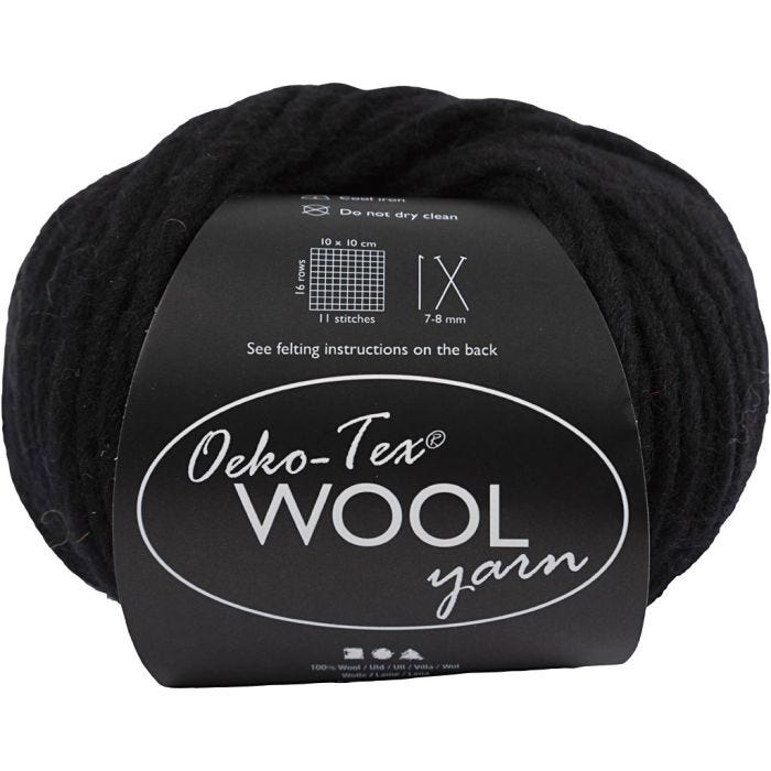 Wool yarn, L: 50 M, black, 50 g/ 1 ball