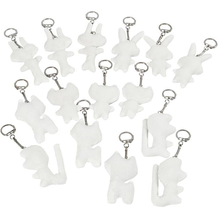 Fabric Figures with key rings, size 6-10 cm, white, 15 pc/ 1 pack