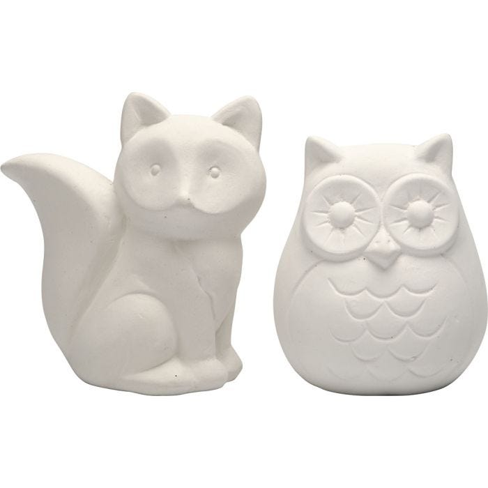 Animal Saving Banks, owl and fox, H: 9 cm, white, 2 pc/ 1 pack