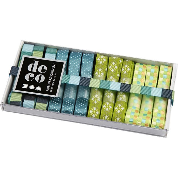Decorative Ribbon, W: 10 mm, blue/green harmony, 12x1 m/ 1 pack