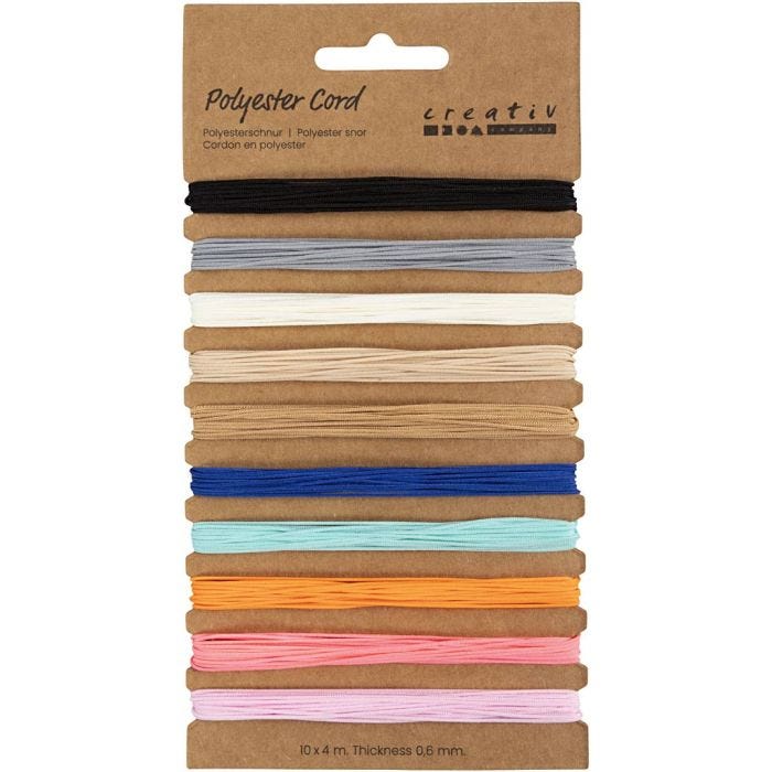 Polyester cord, thickness 0,6 mm, assorted colours, 10x4 m/ 1 pack