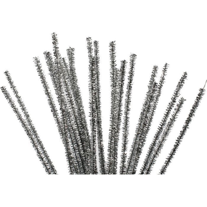 Chenille, L: 30 cm, thickness 6 mm, glitter, silver, 24 pc/ 1 pack