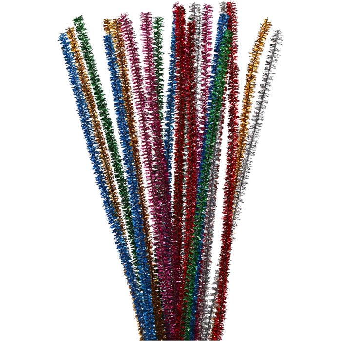 Chenille, L: 30 cm, thickness 6 mm, glitter, bold colours, 24 asstd./ 1 pack