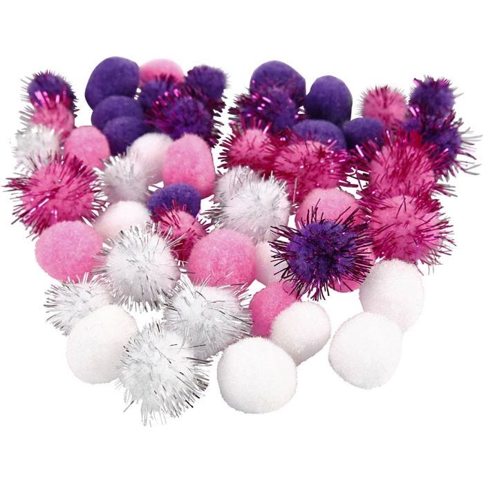 Pom poms, dia. 15+20 mm, purple, light red, white, 48 asstd./ 1 pack