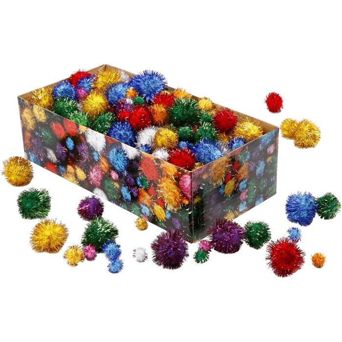 Pompoms, dia. 15-40 mm, glitter, bold colours, 400 g/ 1 pack