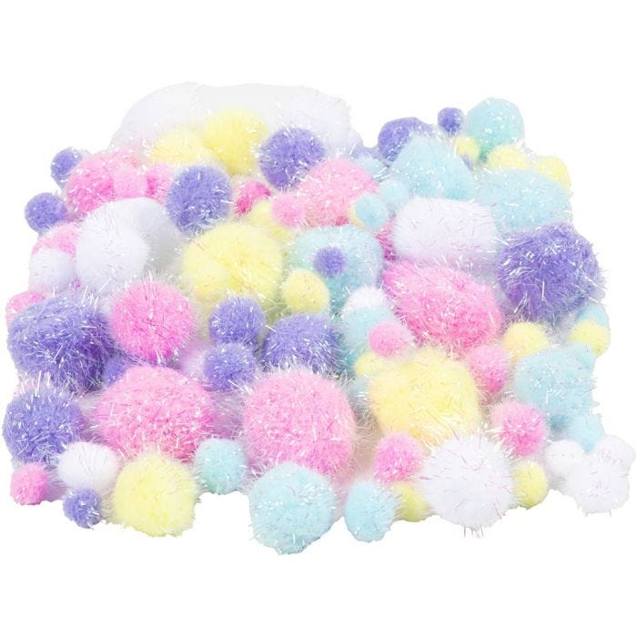 Pompoms, dia. 15-40 mm, glitter, pastel colours, 62 g/ 1 pack