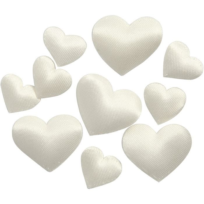 Satin Hearts, 10+20 mm, 1-2 mm, off-white, 70pc/ 1 pack