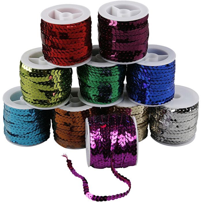 Sequined Ribbon, W: 6 mm, metallic colours, 10x10 m/ 1 pack