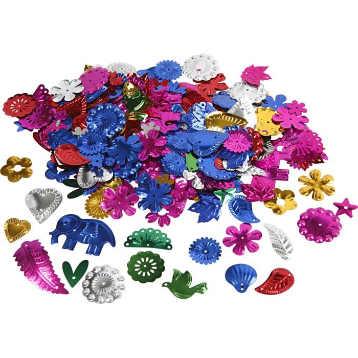 Sequins, PET, size 15-45 mm, bold colours, 400 g/ 1 pack