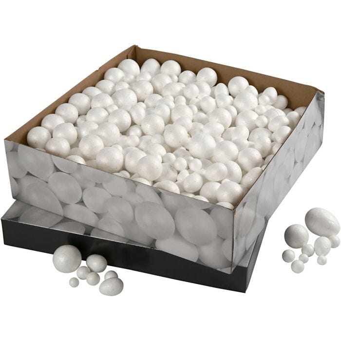 Polystyrene Balls &amp; Eggs, size 1,5-6,1 cm, white, 550 pc/ 1 pack