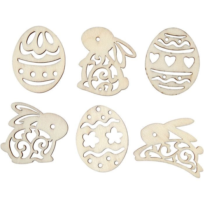 Wooden decorations, easter eggs and bunnies, H: 40 mm, thickness 3 mm, 24 pc/ 1 pack