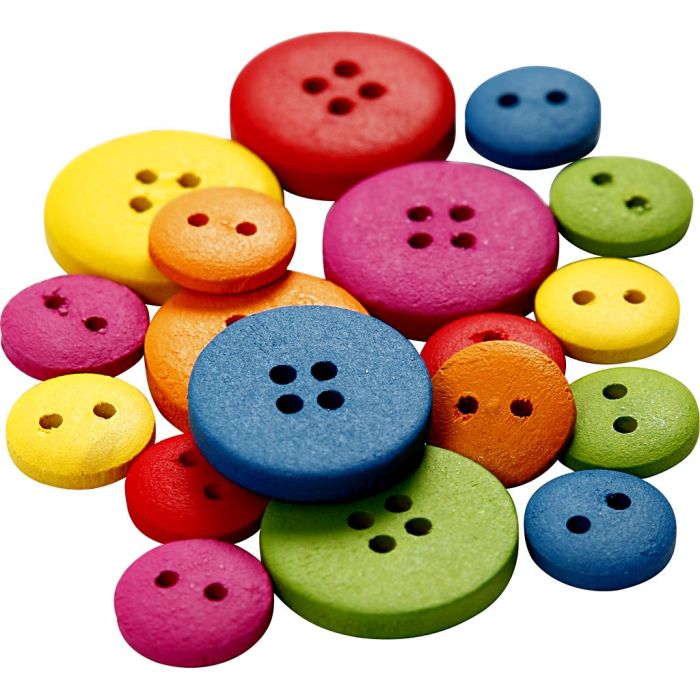 Wooden Buttons, dia. 12-20 mm, 2-4 holes, assorted colours, 360 pc/ 1 pack