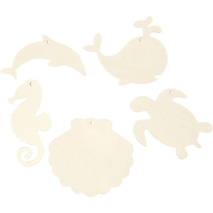 Sea creatures for hanging, Seahorse, turtle, dolphin, mussel and whale, H: 5-10 cm, W: 5-10 cm, hole size 3 mm, thickness 2 mm, 5 pc/ 1 pack