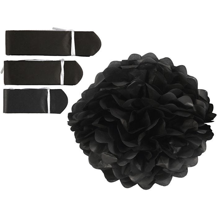 Tissue Pompons, dia. 20+24+30 cm, 16 g, black, 3 pc/ 1 pack