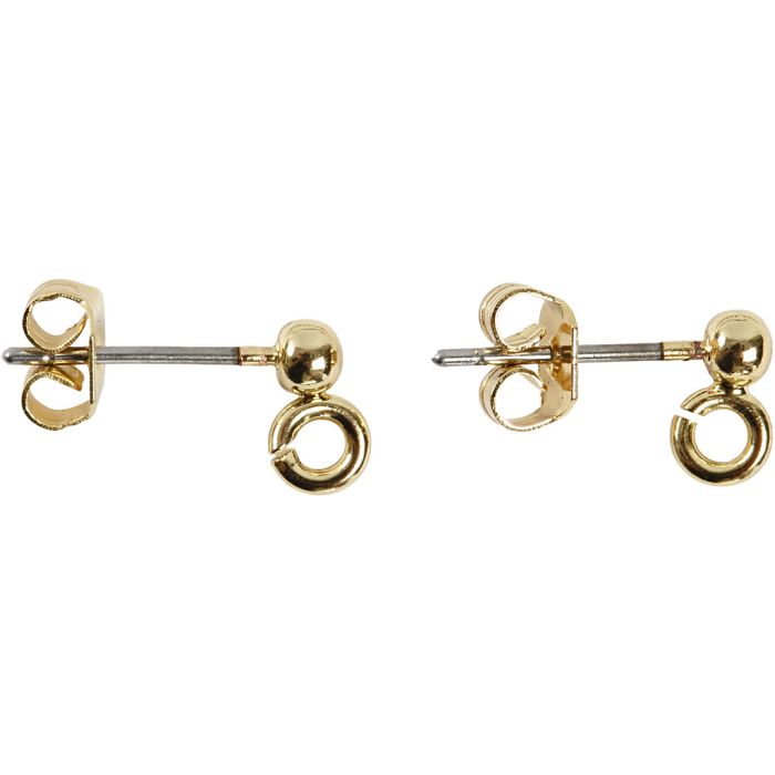 Stud Earrings, L: 13 mm, dia. 3,8 mm, hole size 0,8 mm, gold-plated, 10 pc/ 1 pack
