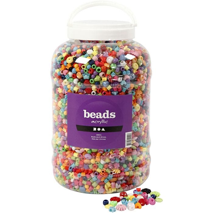 Bucket of Plastic Beads, size 6-20 mm, hole size 1,5-6 mm, 3000 g, 5700 ml/ 1 bucket