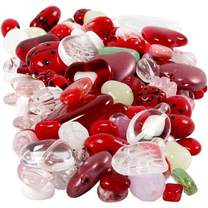 Glass beads, ladybirds, leaves, hearts, dia. 5-22 mm, hole size 0,5-1,5 mm, assorted colours, 350 g/ 1 pack