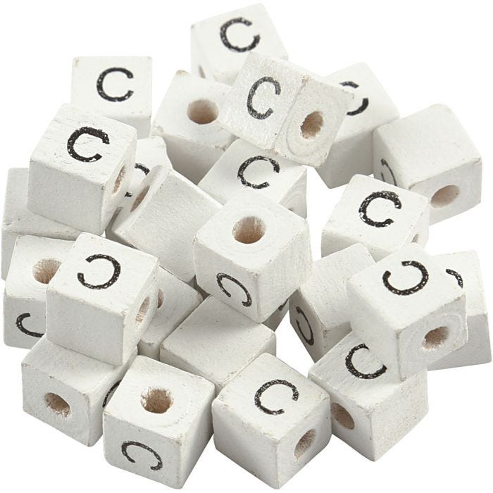 Letter Bead, C, 8x8 mm, 3 mm, white, 25pc/ 1 pack