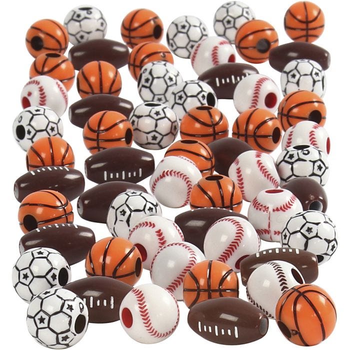 Sports Beads, size 11-15 mm, hole size 3-4 mm, assorted colours, 270 g/ 1 pack