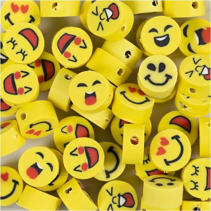 Figure beads, Smiley, dia. 10 mm, hole size 1,5 mm, 60 pc/ 1 pack