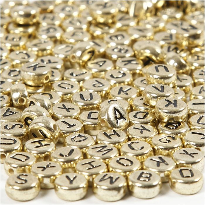 Letter Beads, dia. 7 mm, hole size 1,2 mm, gold, 21 g/ 1 pack