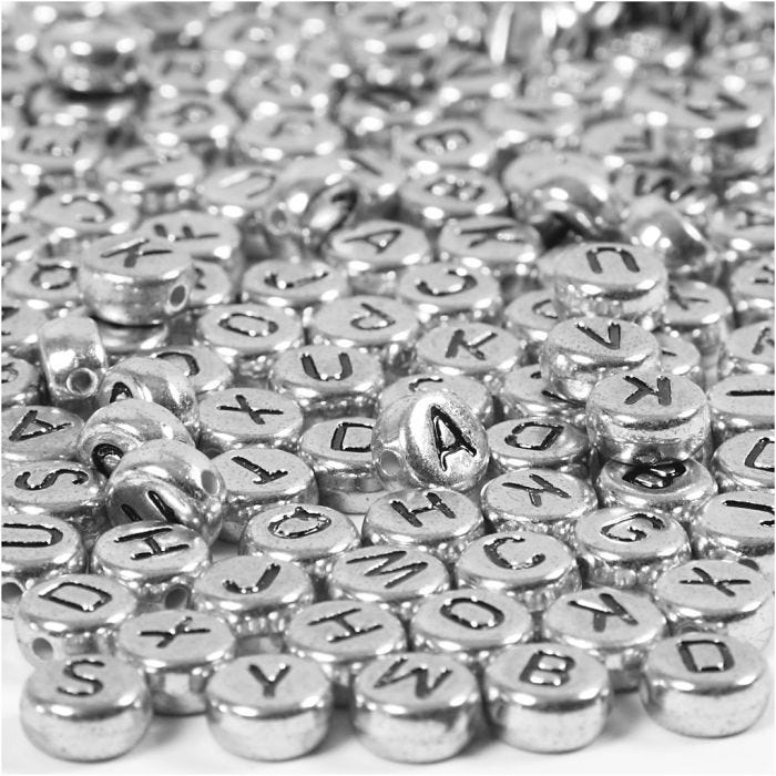 Letter Beads, dia. 7 mm, hole size 1,2 mm, silver, 21 g/ 1 pack