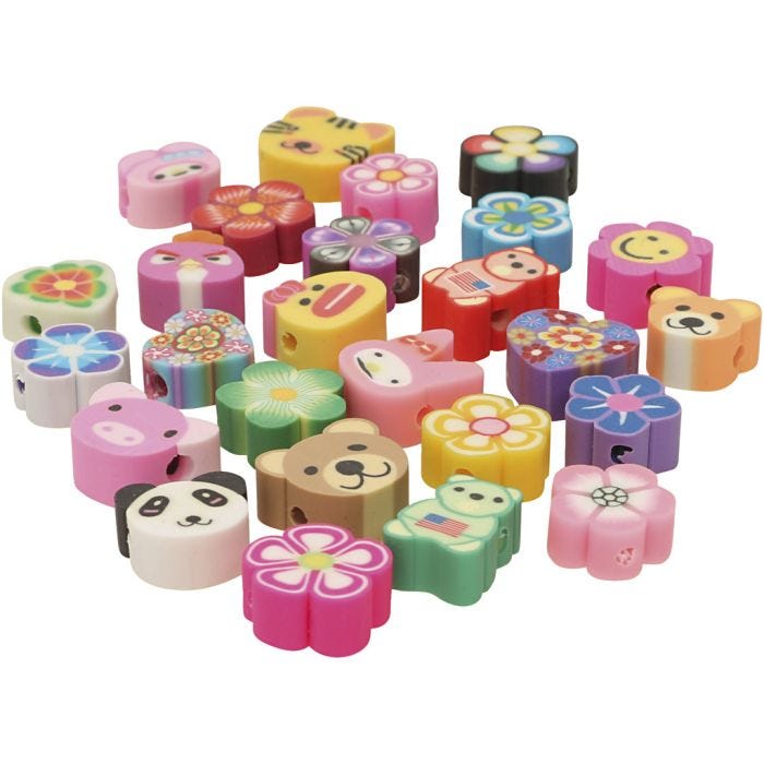 Animal and flower beads, dia. 10 mm, hole size 1,5 mm, 200 asstd./ 1 pack