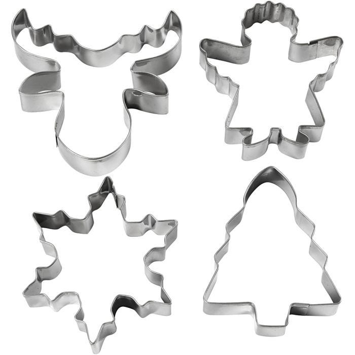 Cookie cutters, Christmas tree, angel, reindeer, snowflake, H: 8 cm, 4 pc/ 1 pack