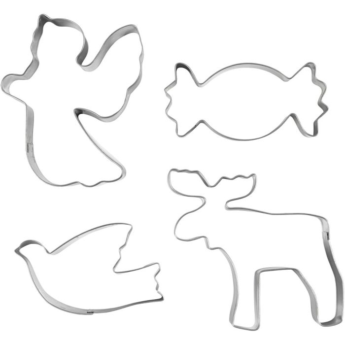 Cookie Cutters, Angel, Reindeer, Dove, Candy, H: 2 cm, size 4,5-9 cm, metallic silver, 4 pc/ 1 pack