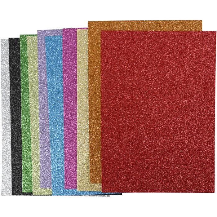 EVA Foam Sheets, A4, sheet 210x297 mm, thickness 2 mm, glitter, assorted colours, 10 ass sheets/ 1 pack