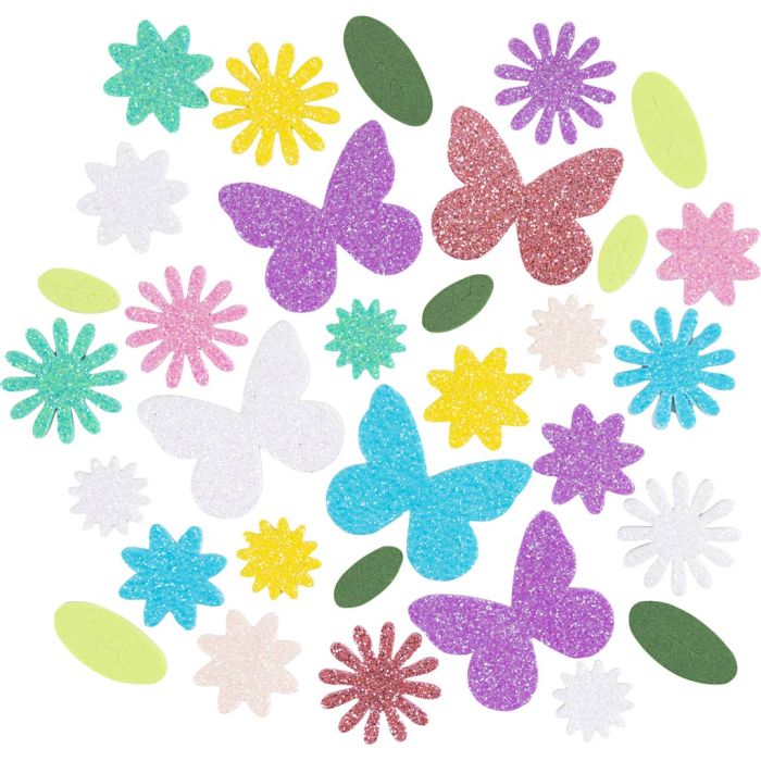 Foam Stickers, Butterfly, flower, leaf, self-adhesive, size 9-43 mm, pastel colours, 120 pc/ 1 pack