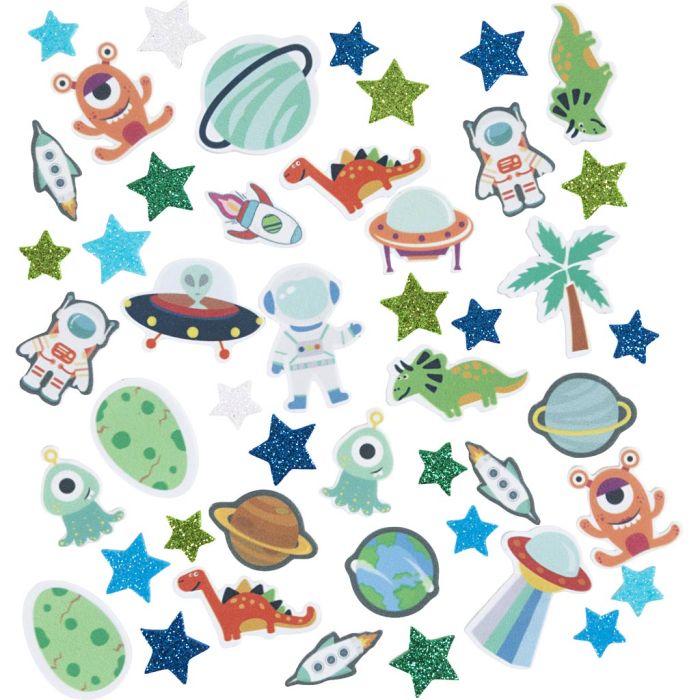 Foam Stickers, Star, UFO, dinosaur, self-adhesive, size 13-40 mm, blue/grey harmony, 150 pc/ 1 pack