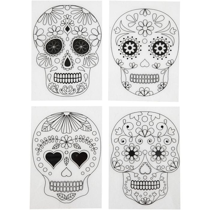 Shrink plastic sheets with motifs, Skulls, sheet 10,5x14,5 cm, thickness 0,3 mm, matt transparent, 4 sheet/ 1 pack