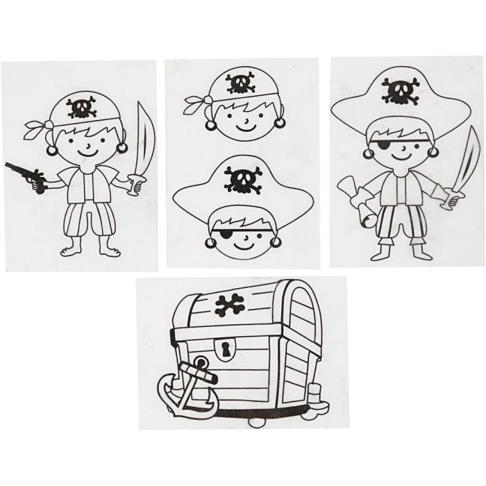Shrink plastic sheets with motifs, pirates, sheet 10,5x14,5 cm, thickness 0,3 mm, matt transparent, 4 sheet/ 1 pack