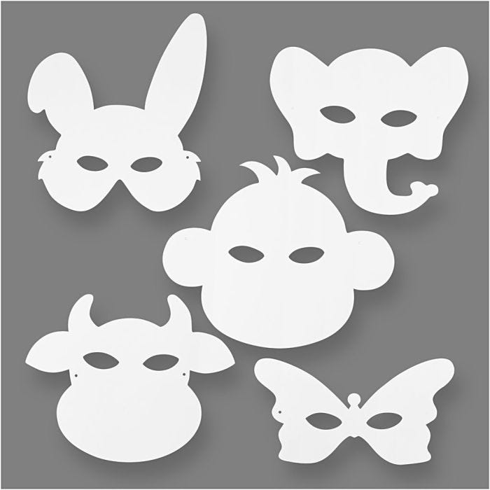 Animal Masks, H: 13-24 cm, W: 20-28 cm, 230 g, white, 16 pc/ 1 pack