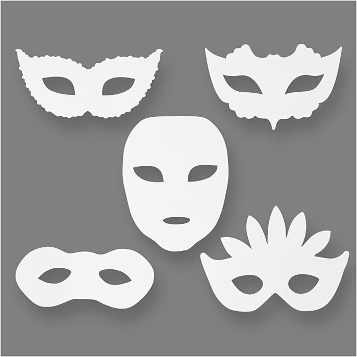Masquerade Masks, H: 8,5-19 cm, W: 15-20,5 cm, 230 g, white, 16pc/ 1 pack