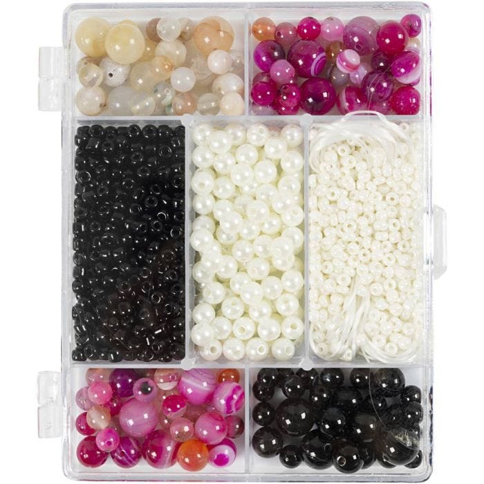 Craft Mix Jewellery, Agates, size 2,6-10 mm, hole size 0,8-1,8 mm, beige, black, pink, white - mother-of-pearl, 1 pack