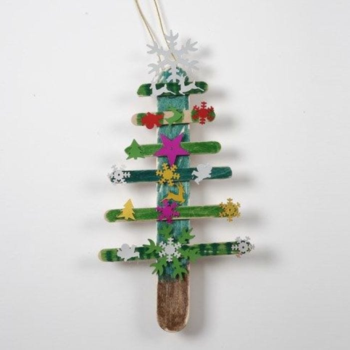 A Christmas Tree made from painted Ice Lolly Sticks with Sequins