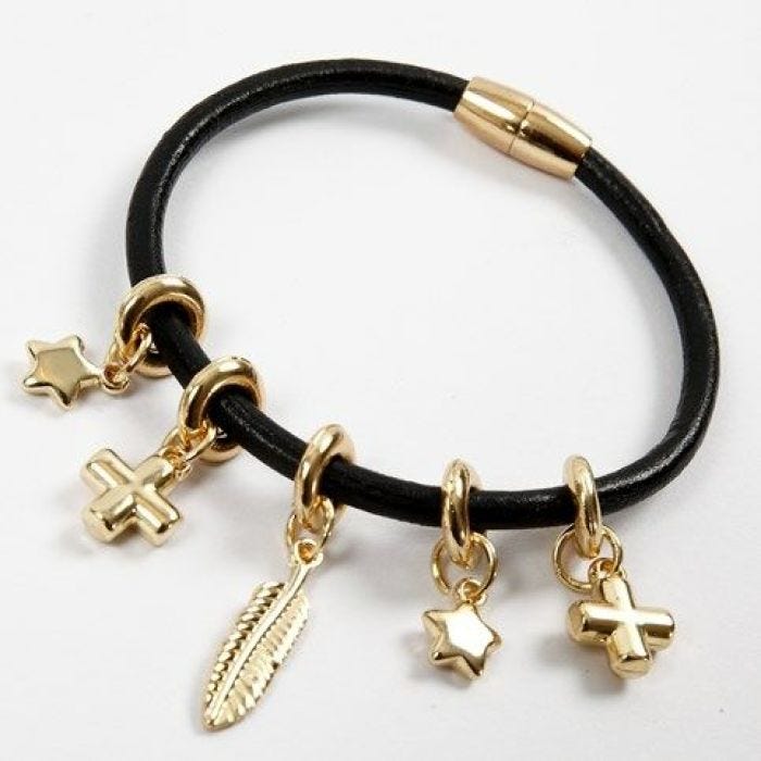 A real Leather Bracelet with gold Charms and a magnetic Clasp