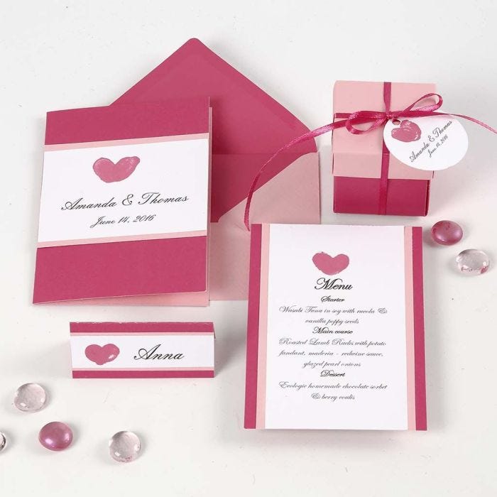 A pink and rose Invitation, Place Card and Menu Card and Table Decorations