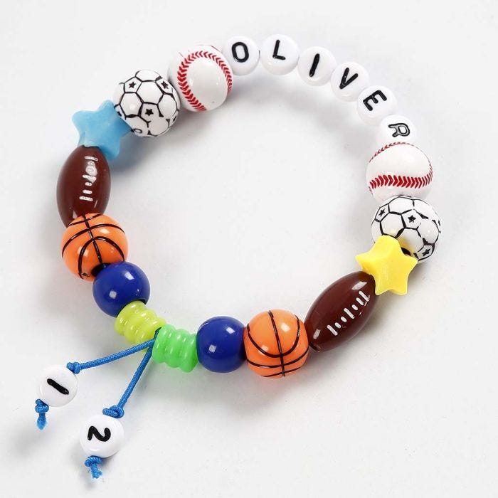 A Bracelet made from coloured elastic Beading Cord and (Letter) Beads