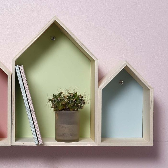 Wooden house-shaped Boxes decorated with Card