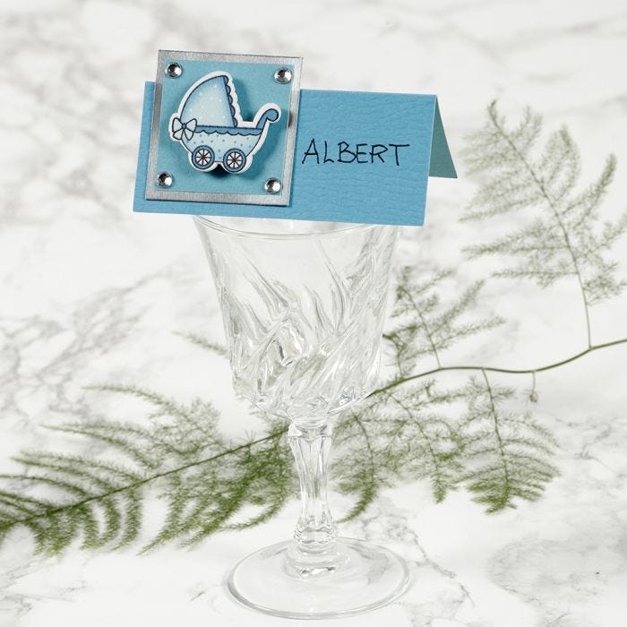 A Place Card with a Pram for a Christening