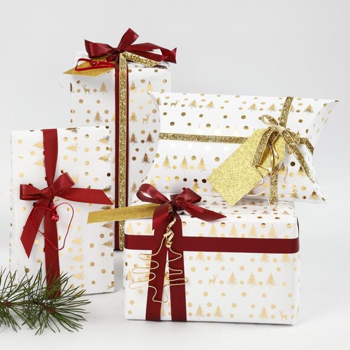 White and Gold Christmas Gift Wrapping decorated with Ribbon and Bonsai Wire Shapes