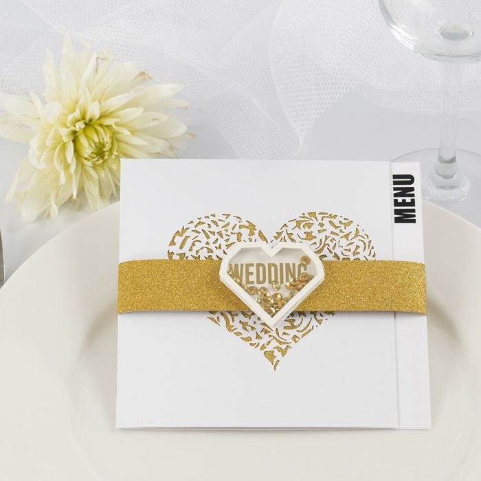 A Wedding Menu Card with gold glitter Design Paper and a Shaker Sticker