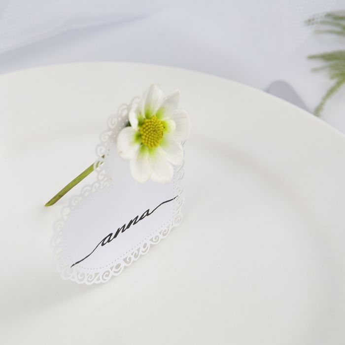 A Wedding Place Card made from a Card Heart with a Flower