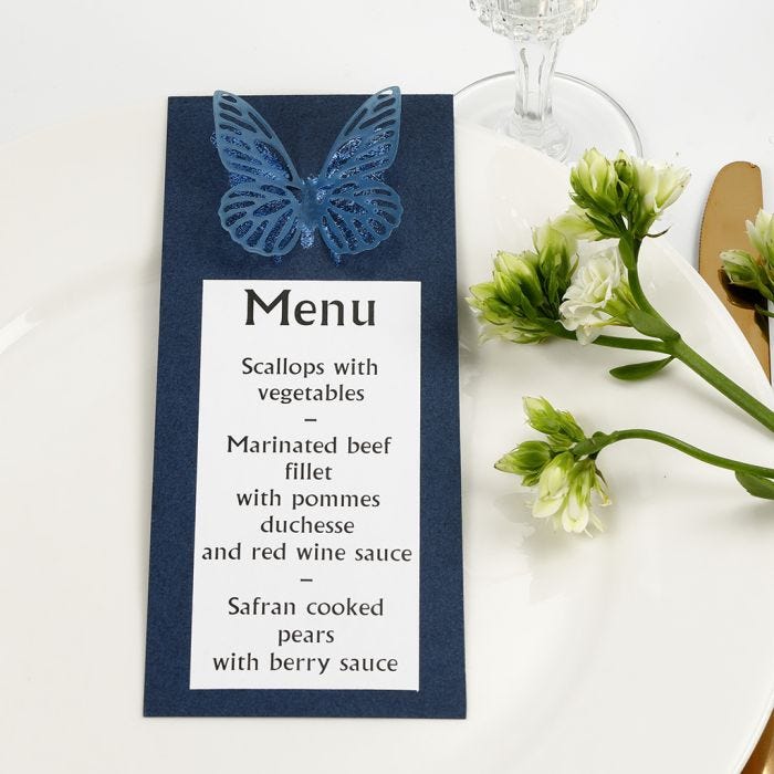 A blue Menu Card with a punched-out Butterfly