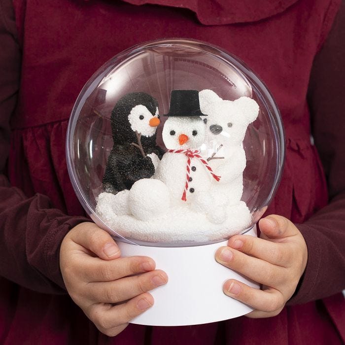 A transparent Bauble on a Stand with a Snowman, a Penguin and a Polar Bear inside